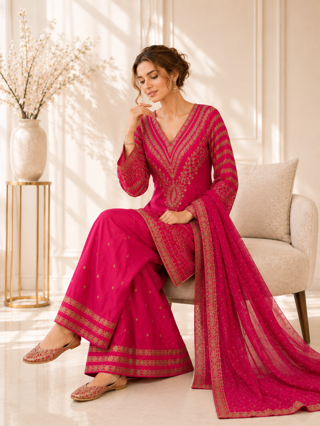 (295) Shocking Pink Viscose Palazzo Suit | Gold Thread & Sequin Work