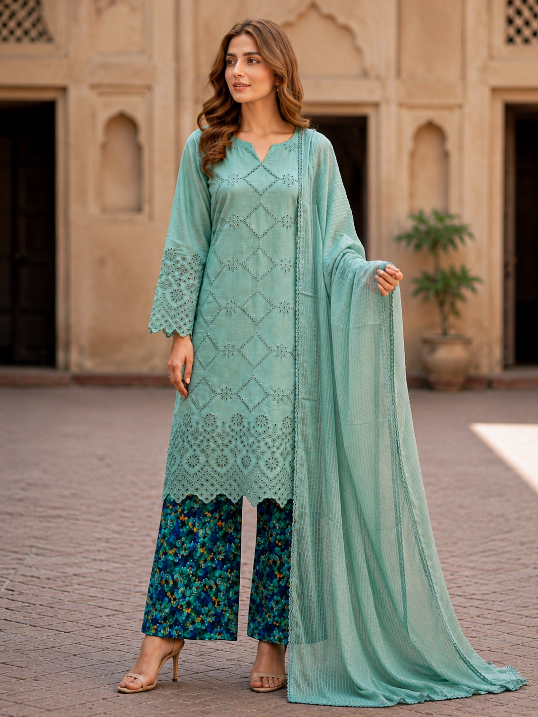(225) Chikankari Embroidered Lawn Suit with Matching Dupatta & Palazzo Trousers – Perfect Comfy Summer Wear