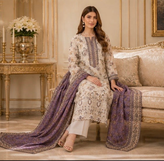 (147) Tawakkal Digital Floral Lawn Suit | Cutwork & Beaded Embroidery