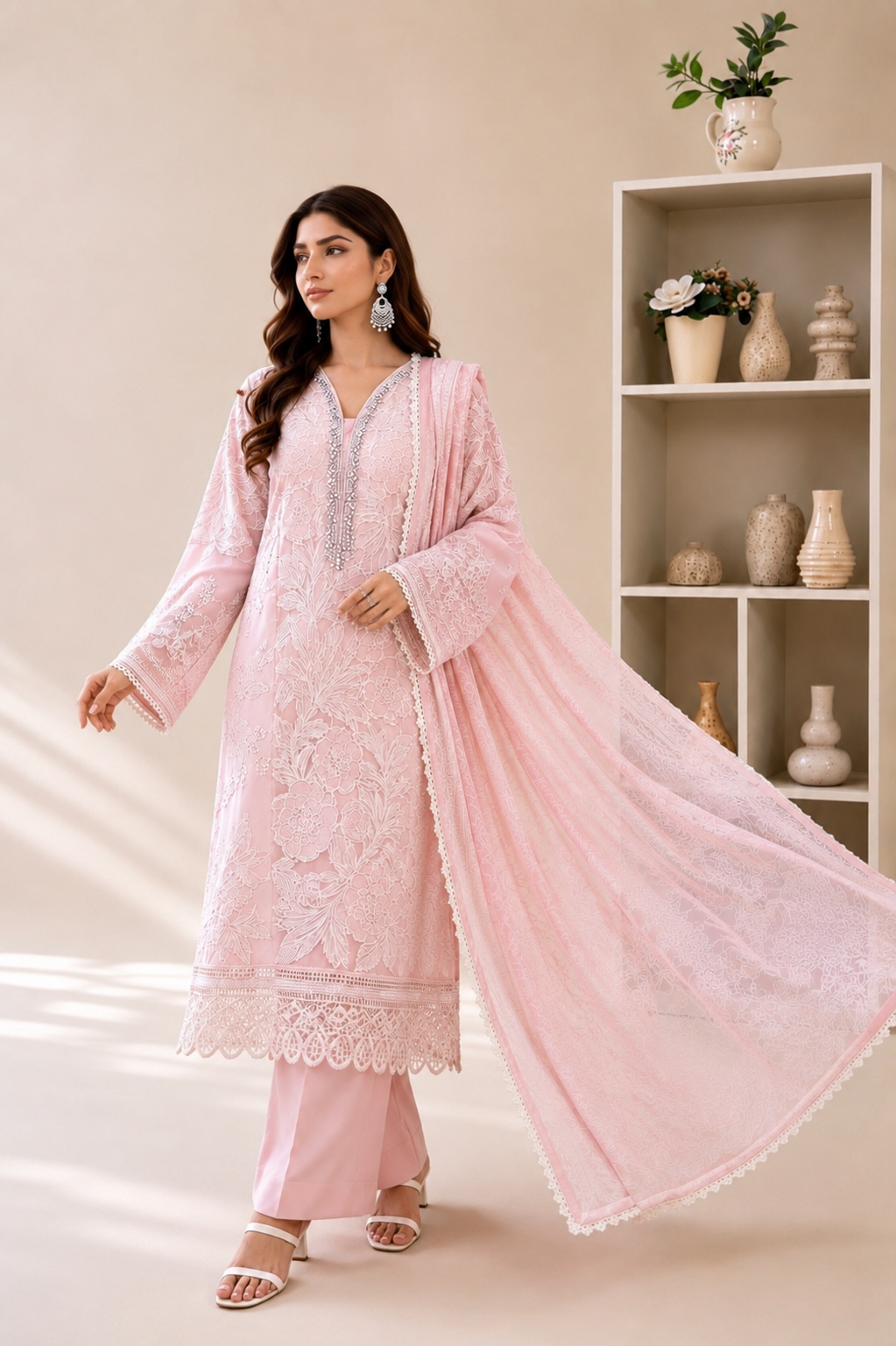 (177) Maria b inspired embroidered arabic lawn embellished pearl diamonte printed tissue silk dupatta ready to wear