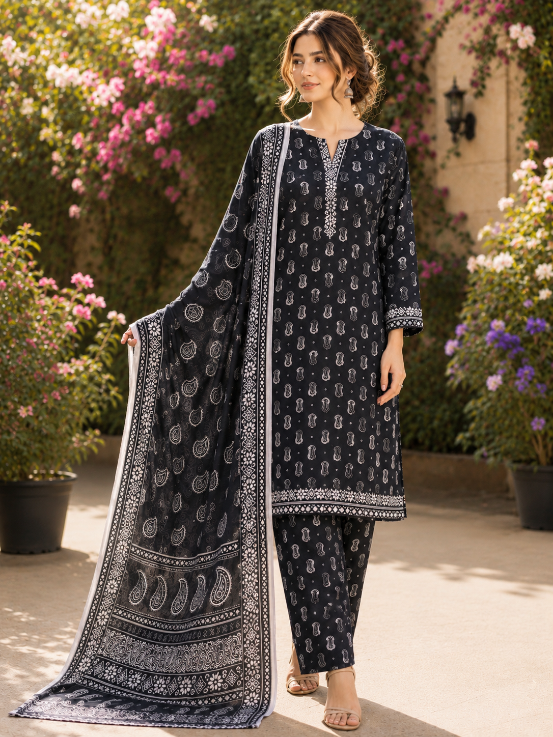 Bin saeed Lawn Suit paisley Print & Contrast Dupatta ready to wear