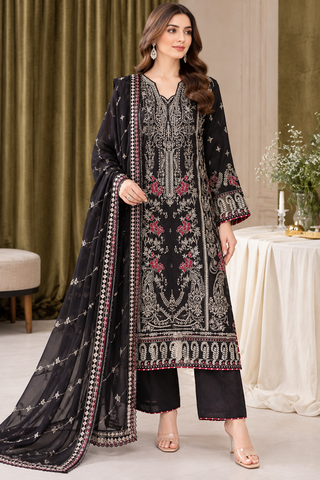(371) Ramsha Black Raw Silk Suit delicate silver embroidered chiffon duppatta ready to wear