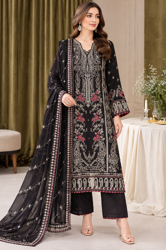 (371) Ramsha Black Raw Silk Suit delicate silver embroidered chiffon duppatta ready to wear