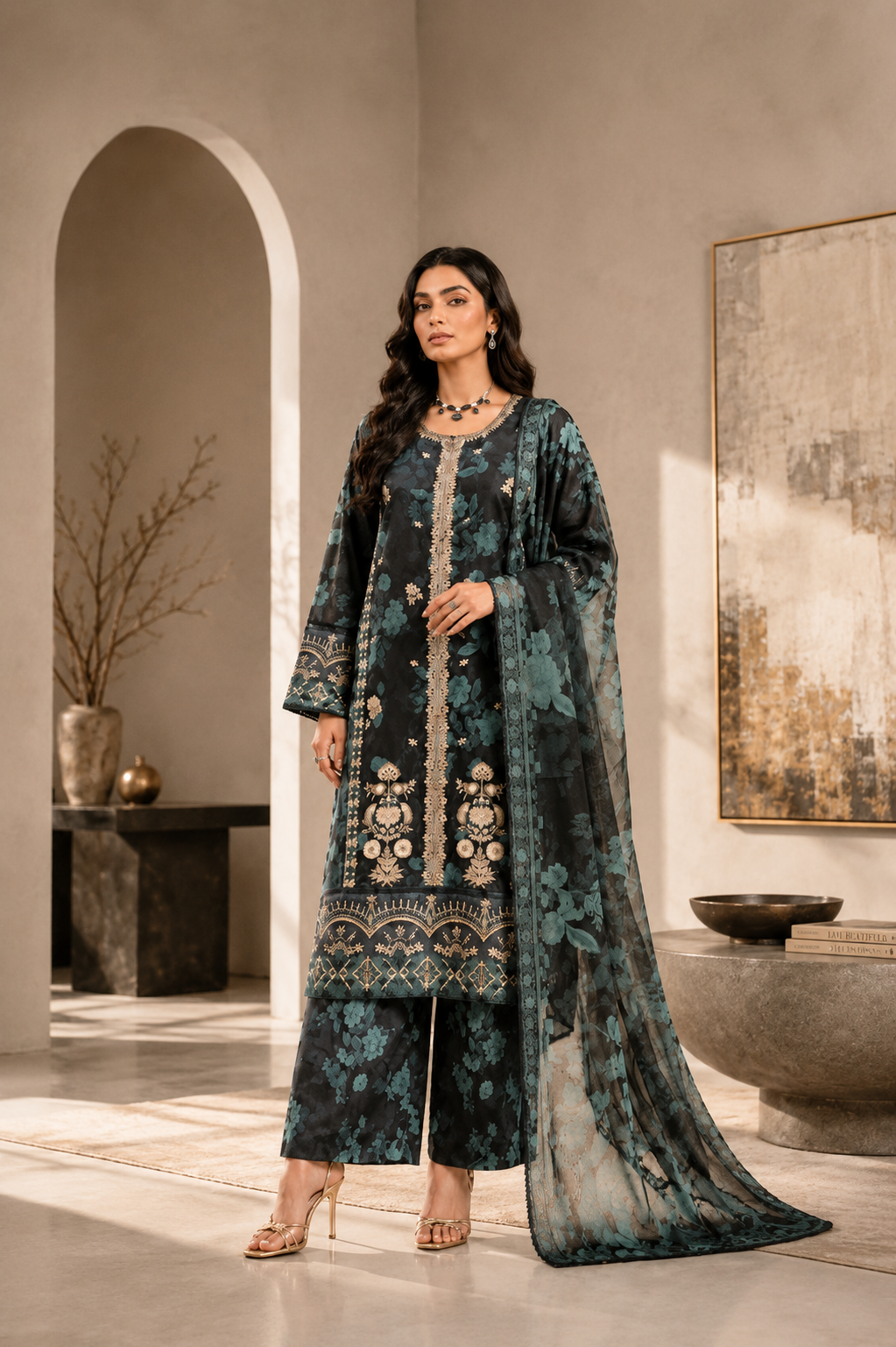 (213) Elegant Floral Lawn Suit | Gold Thread & Sequin Embroidery