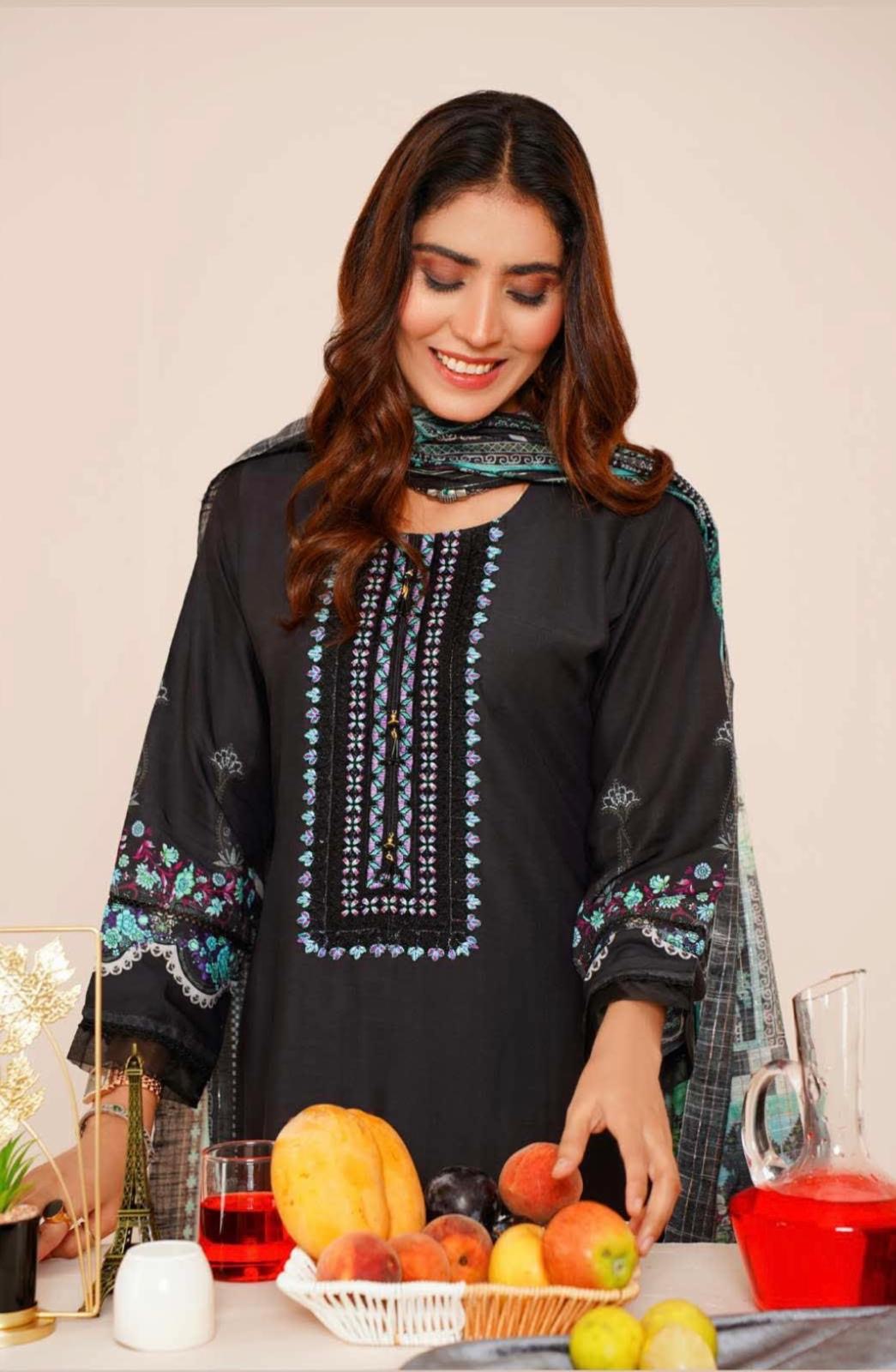 (239) Linen Pakistani Elegantly Embroidered Three-Piece Ready Made Suit