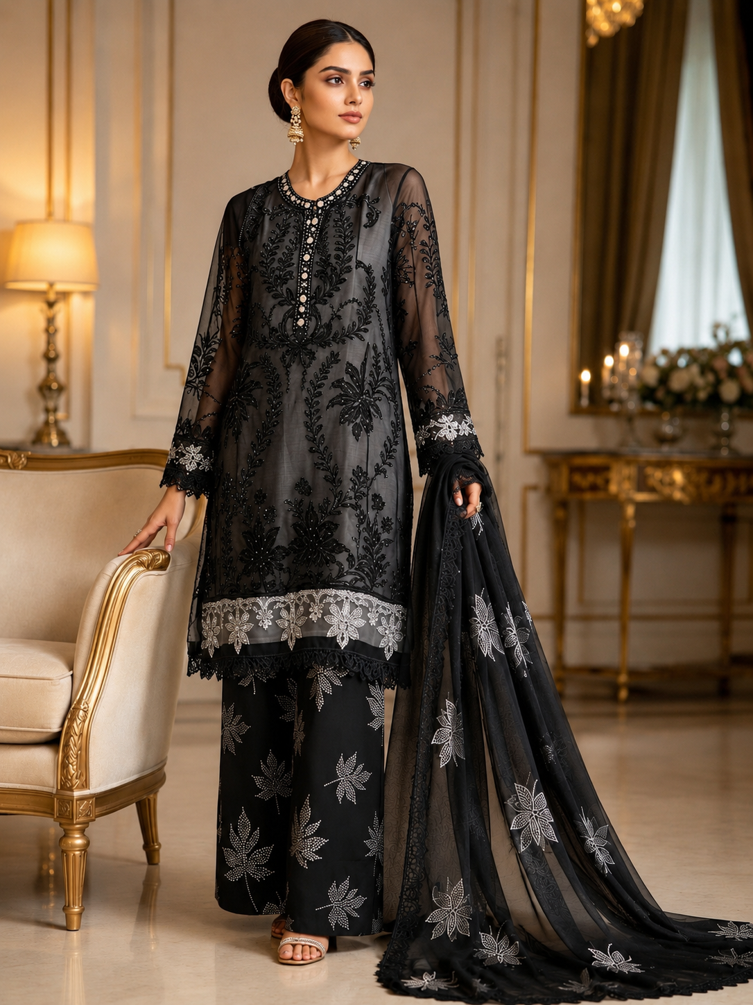 (128) Maria b chiffons inspired lace beaded diamonte neck floral chiffon kameez chiffon duppatta ready to wear