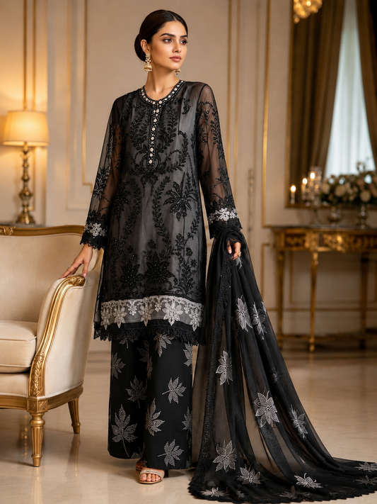 (128) Maria b chiffons inspired lace beaded diamonte neck floral chiffon kameez chiffon duppatta ready to wear