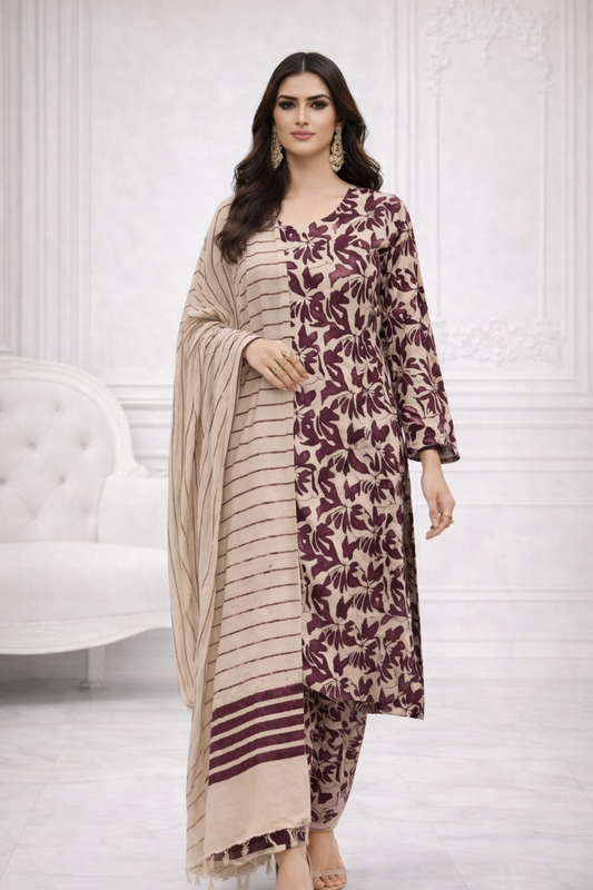 (19) Pakistani Printed Soft Khaddar Winter Suit with Gold Thread Detailed Shawl