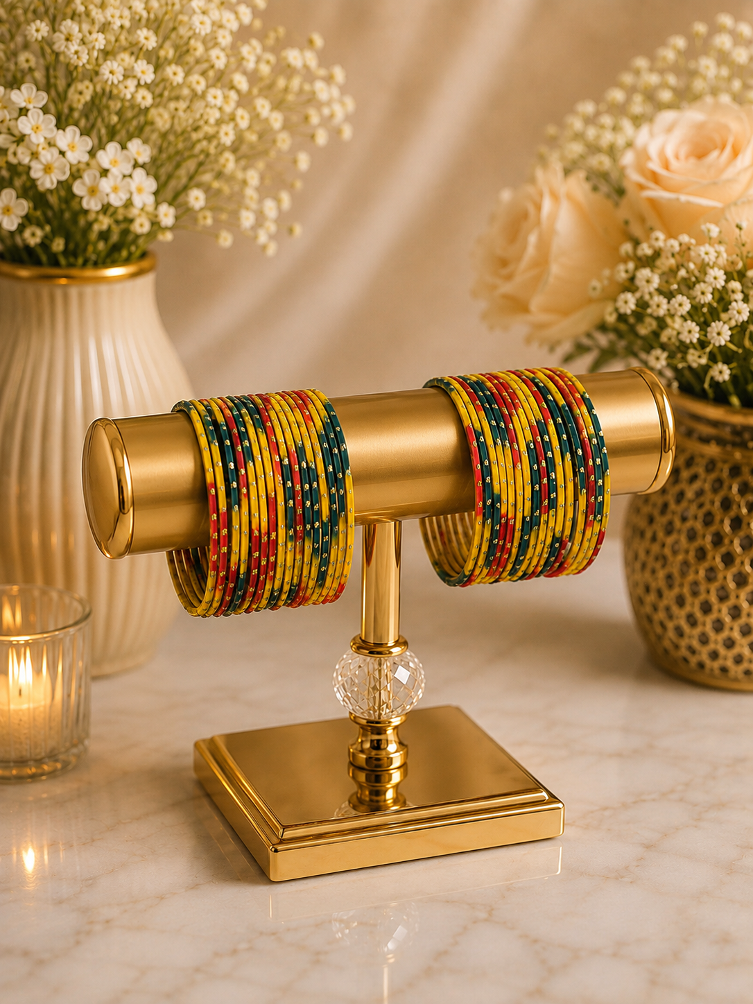 (B8) Elegant multicolour bangle set featuring vibrant yellow, deep green and red tones, beautifully finished with delicate gold detailing perfect for weddings, Eid, mehndi, parties and traditional outfit size 2.6