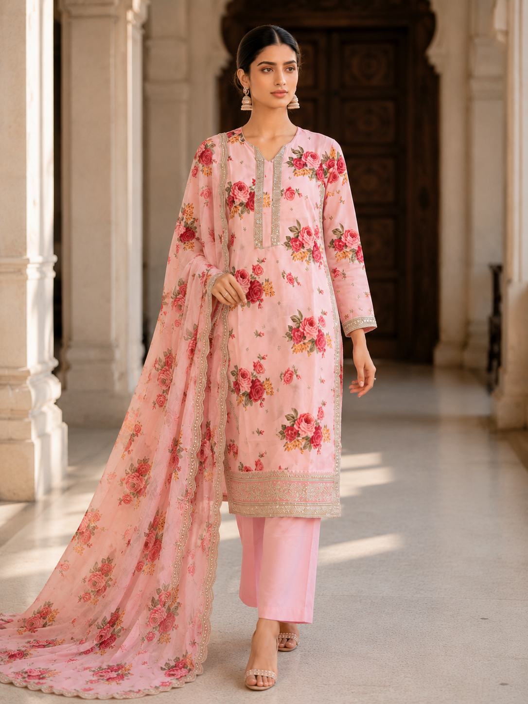 Stunning Floral pink chiffon fully lined kameez gold thread embroidery chiffon duppatta viscose trousers