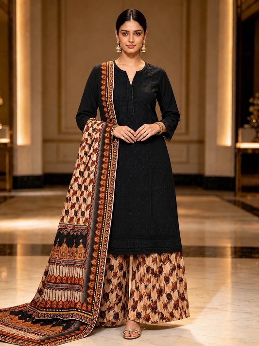 (77) Elegant contrast cotton chickankari sequin lace embroidered printed plazzo trousers ready to wear