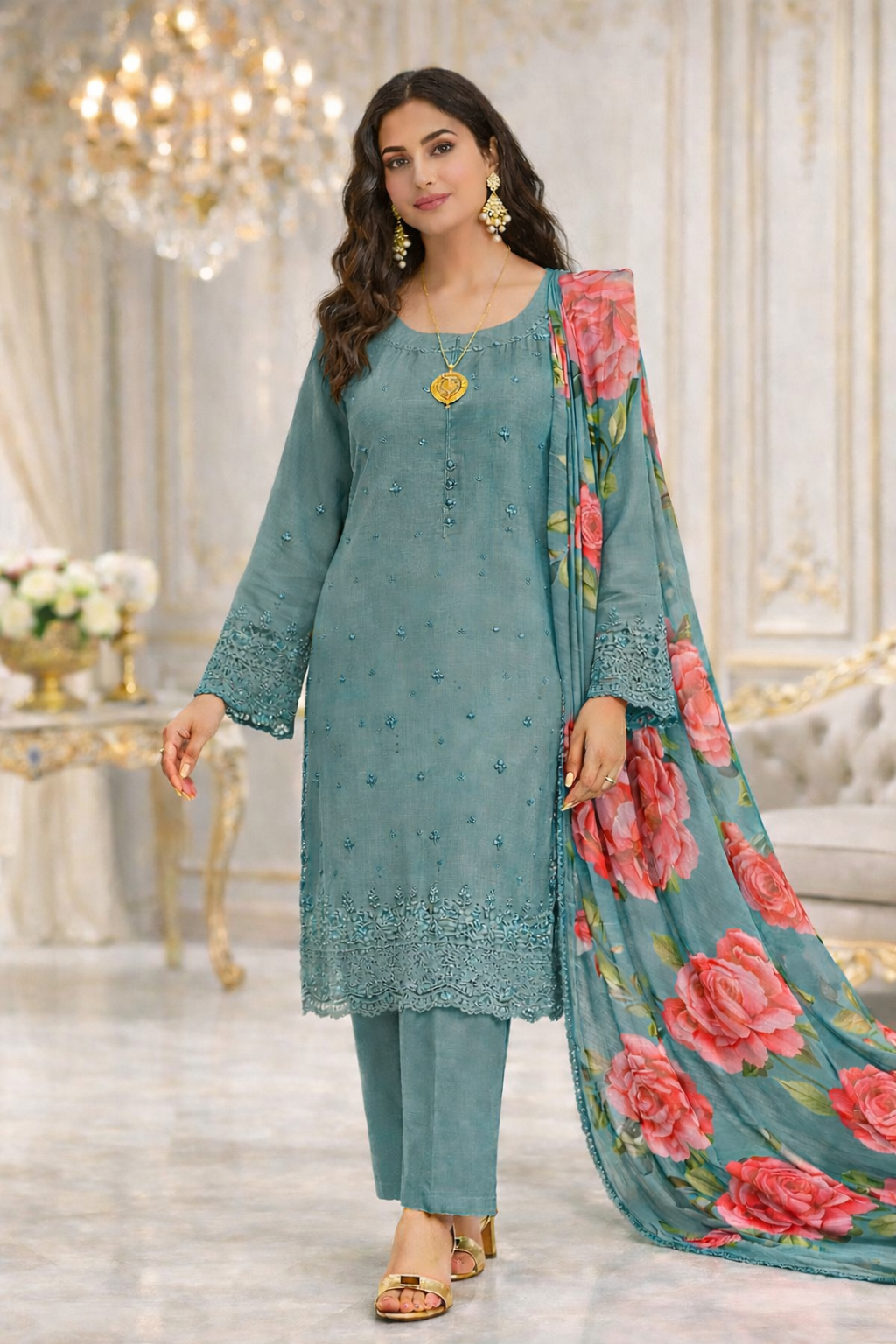 (344) Pakistani Chikankari Viscose Suit | Sequin & Floral Dupatta