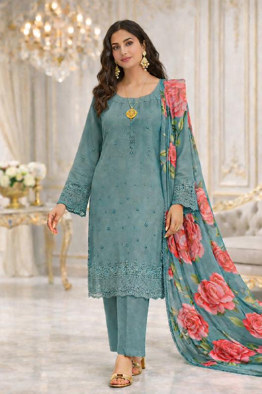 (344) Pakistani Chikankari Viscose Suit | Sequin & Floral Dupatta