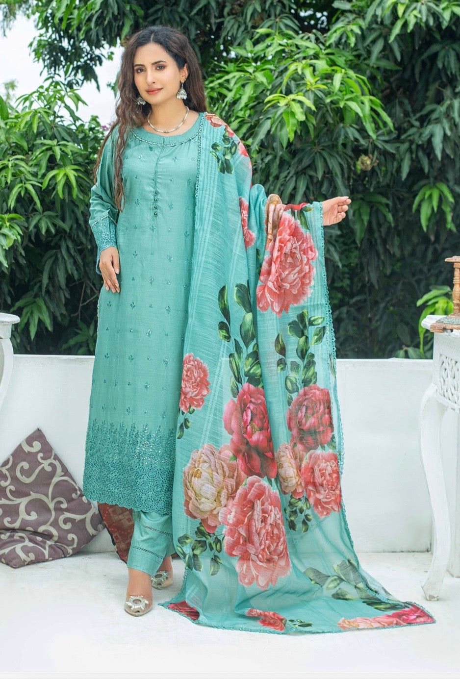 (344) Pakistani Chikankari Viscose Suit | Sequin & Floral Dupatta