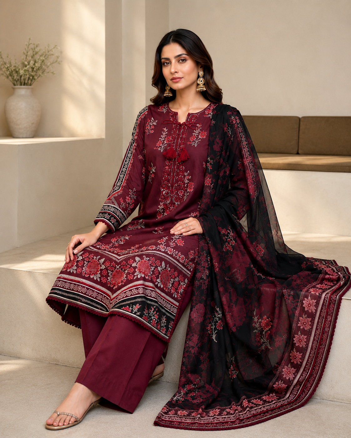 (24) Imrozia/serene dahlia elegant lawn kameez sequin floral thread embroidered neck tassel tie plazzo trousers contrast silk duppatta