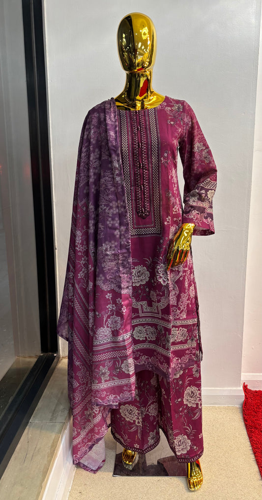 (141) Simran's Embroidered Printed Palazzo Soft Khaddar Ready-Made Suit