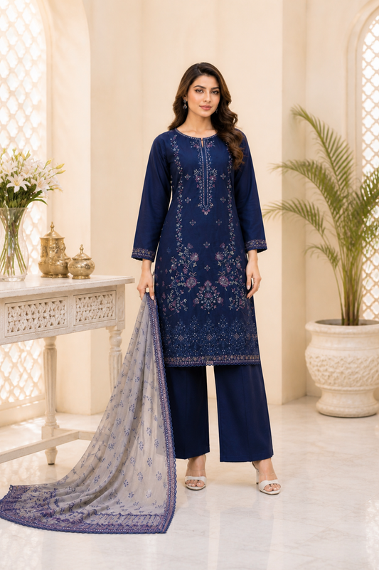 (170) Tawakkal embroidered sequin thread beads silky lawn fully lined khaddi contrast dupatta ready to wear