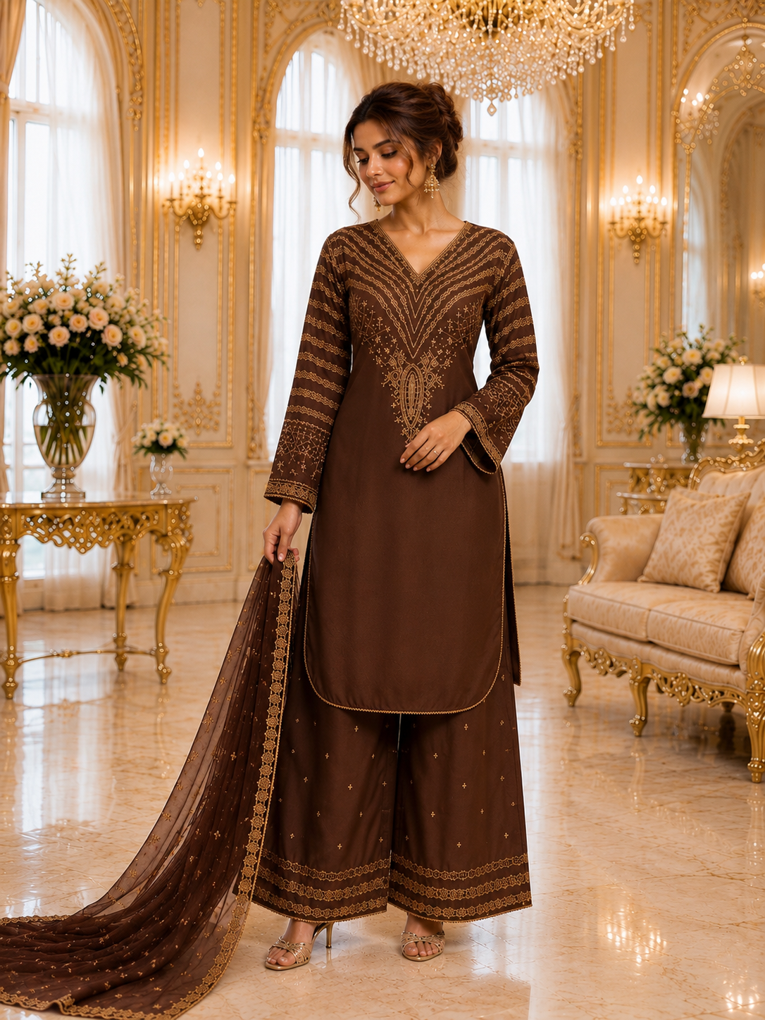 (296) Brown Viscose Palazzo Suit | Gold Thread & Sequin Embroidery