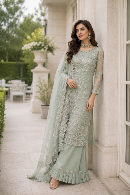 (220) Maria B Inspired Organza Diamanté Embroidered Fancy Trouser Suit