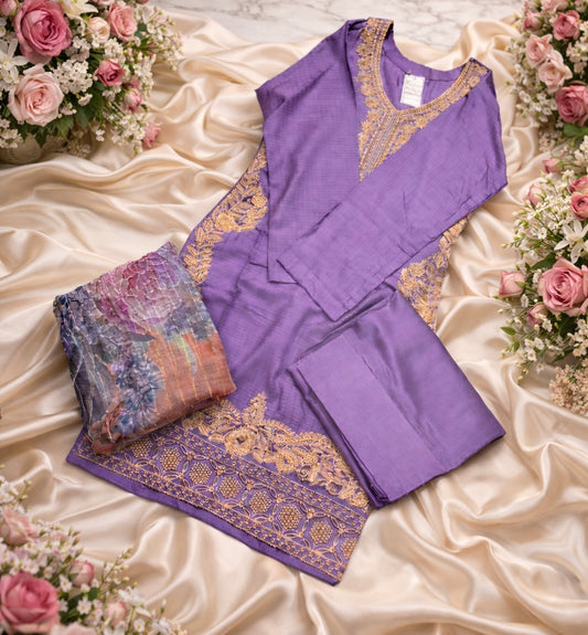 (148) Viscose Farshi Shalwar Suit with Gold Dupatta – Ready-to-Wear