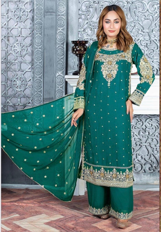 (73) Crinkle Chiffon Palazzo Suit – Embroidered Elegance with Chiffon Dupatta | Ready-to-Wear