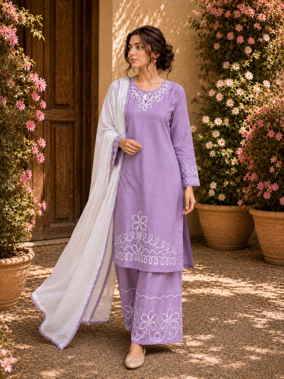 Elegant Linen lined pattern Suit
Crafted from breathable premium linen, this elegant ready-to-wear suit features beautiful white embroidery on the neckline, sleeves, kameez hem, and palazzo trousers.