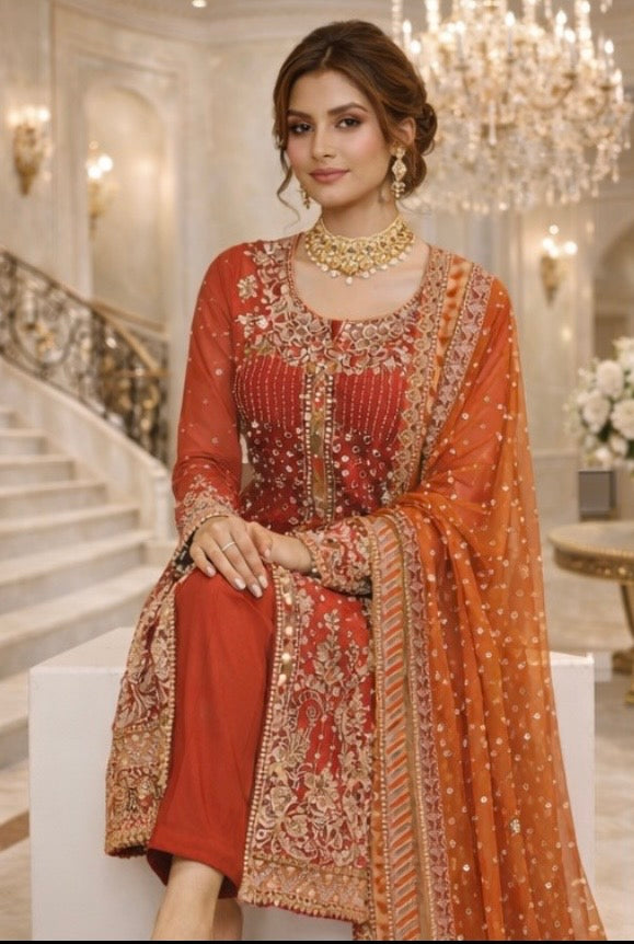 (58) Pakistani Embroidered Organza Suit – Deep Red Diamante & Pearl Party Wear
