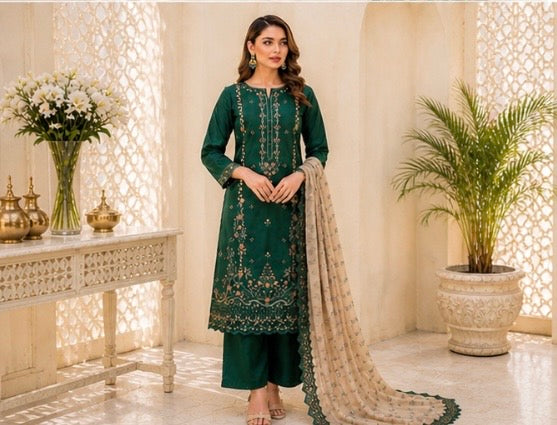 (174) Tawakkal Embroidered Sequin Silky Lawn Suit with Khaddi Dupatta