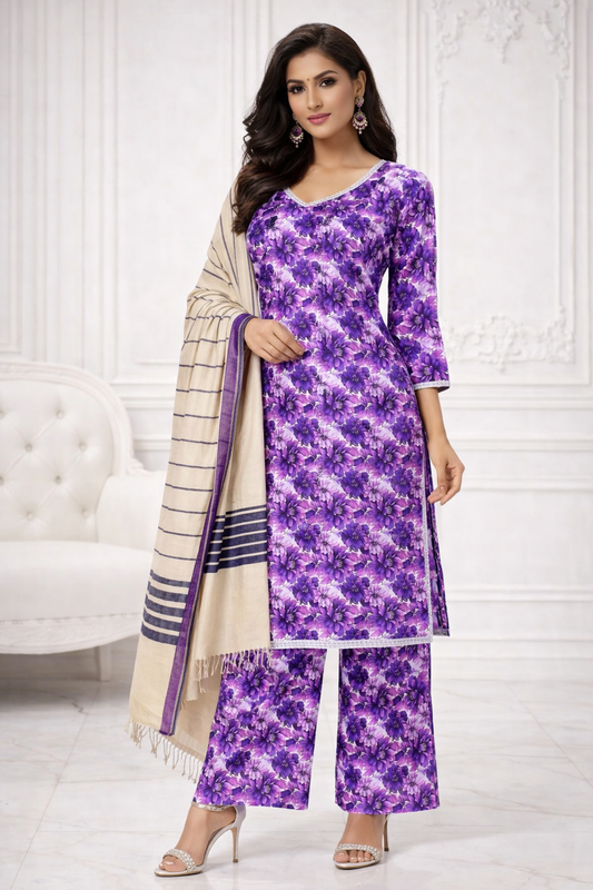 (32) Pakistani Printed Soft Khaddar Winter Suit with Elegant Gold-Thread Shawl