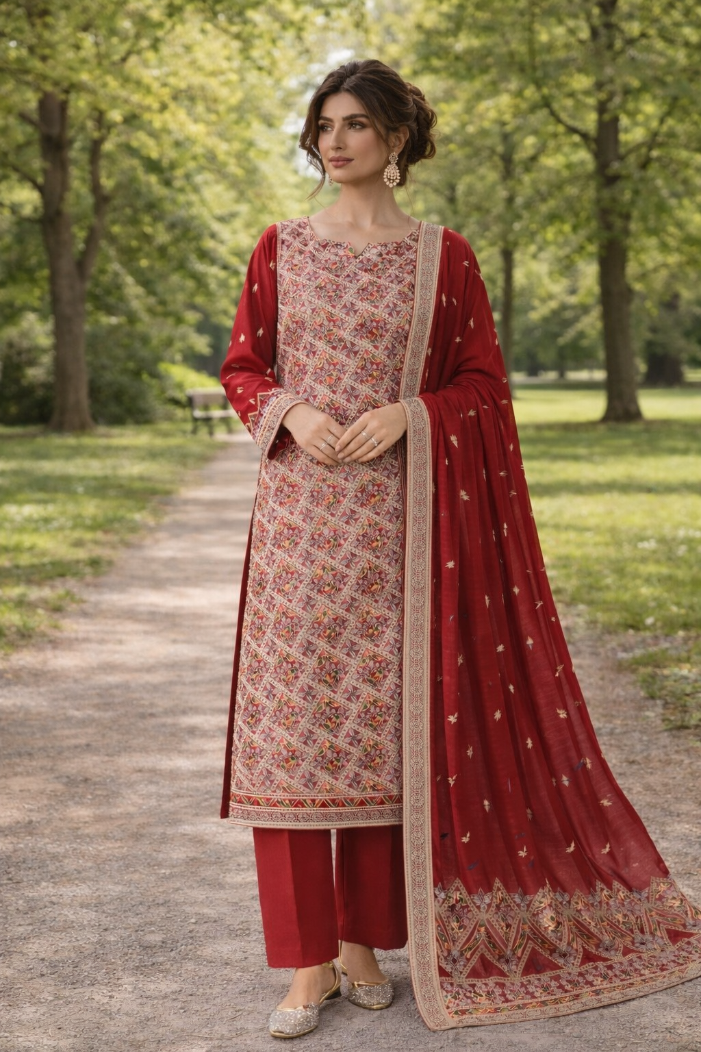 (360) Elegant red fancy zari lawn suit, ready-to-wear, beautifully crafted with intricate detailing and paired with a four-sided (chaar patti) richly embroidered dupatta for a complete graceful look.