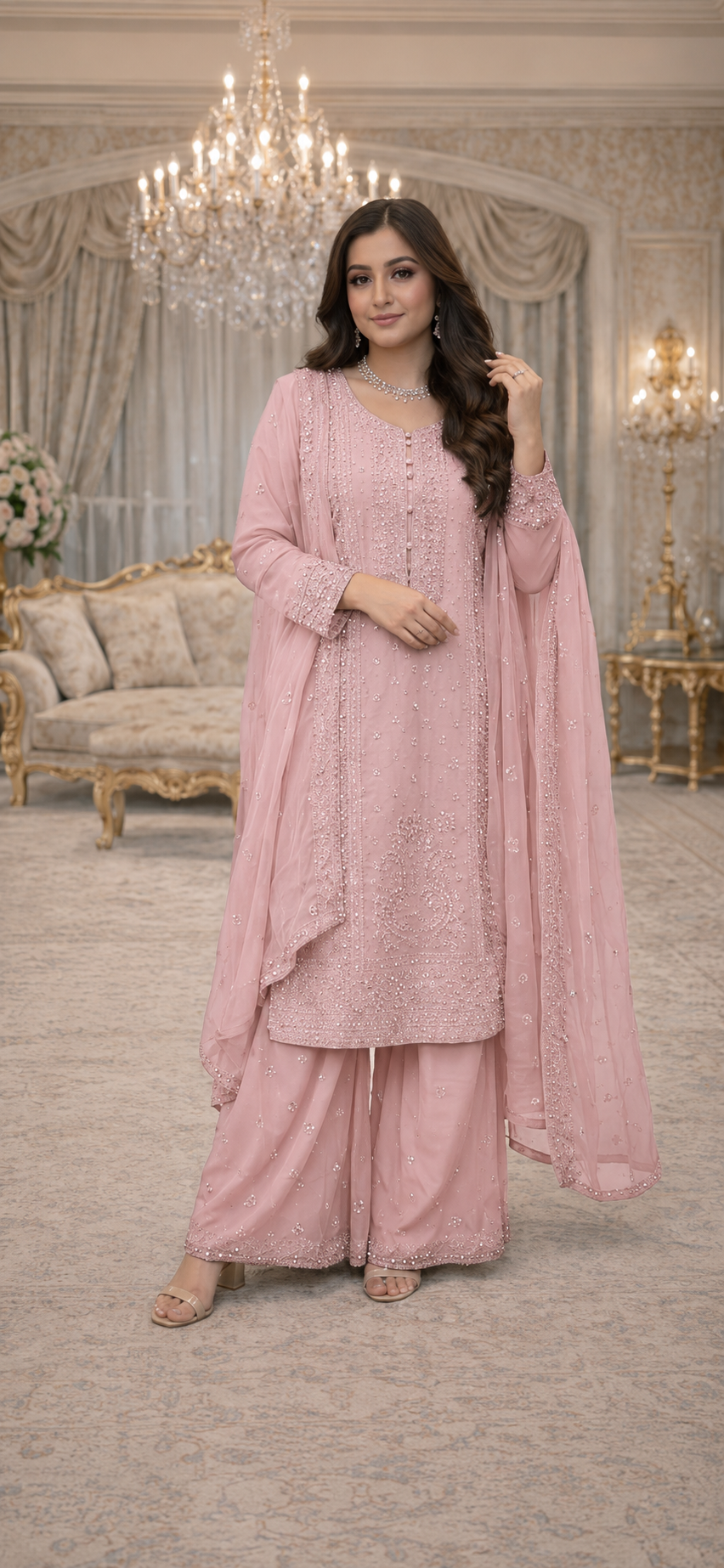 (287) Elegant Pink Chiffon Suit | Mirror, Bead & Sequin Embroidery