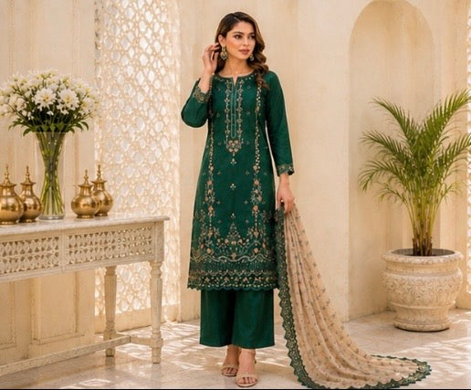 (174) Tawakkal Embroidered Sequin Silky Lawn Suit with Khaddi Dupatta