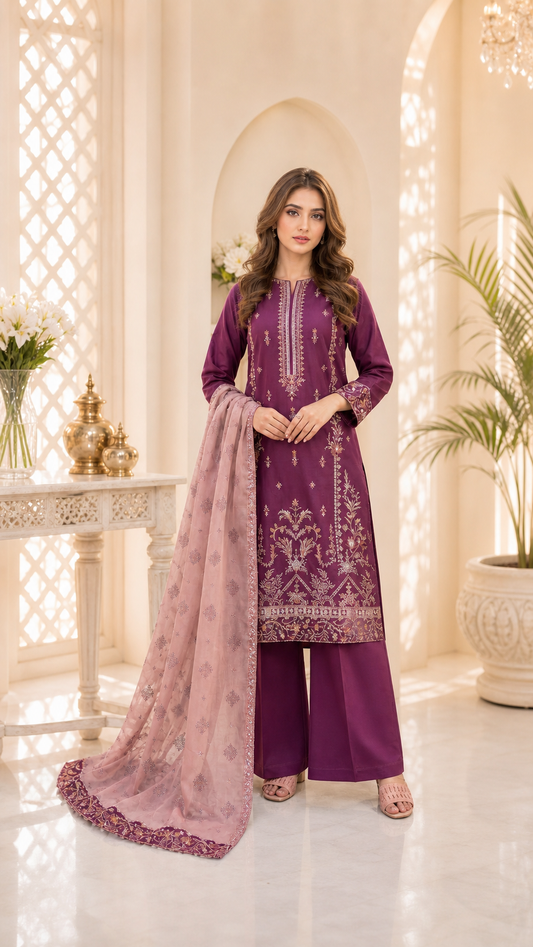 (168) Tawakkal Embroidered Sequin Silky Lawn Suit with Khaddi Dupatta