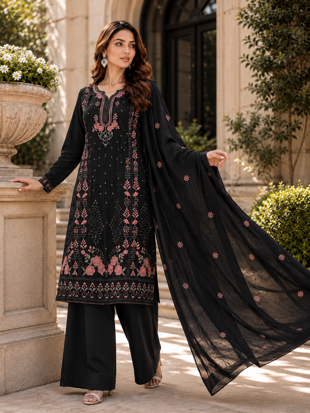 (358) Abeeha black suit features a soft, comfortable viscose kameez beautifully finished with delicate floral embroidery. Paired with coordinating trousers and a stunning lightweight Bamber dupatta, it’s the perfect