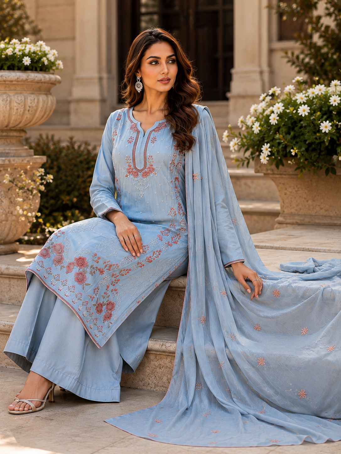 (357) Abeeha light blue suit features a soft, comfortable viscose kameez beautifully finished with delicate floral embroidery. Paired with coordinating trousers and a stunning lightweight Bamber dupatta, it’s the perfect