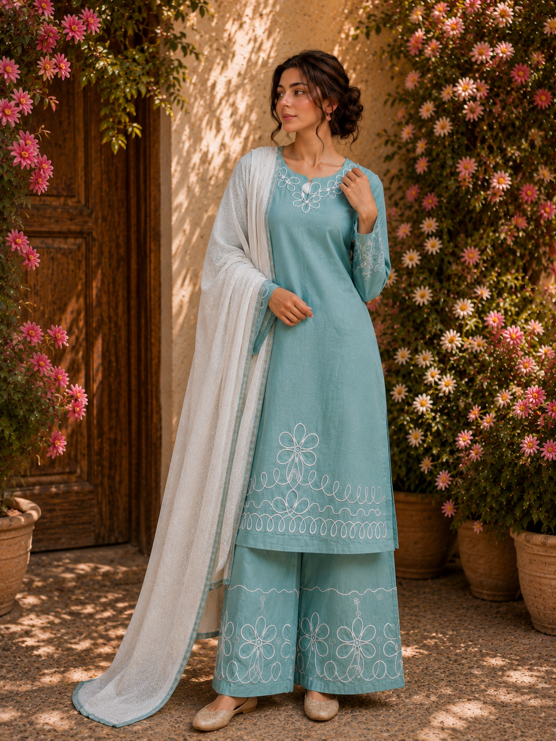 Elegant Linen lined pattern Suit
Crafted from breathable premium linen, this elegant ready-to-wear suit features beautiful white embroidery on the neckline, sleeves, kameez hem, and palazzo trousers.