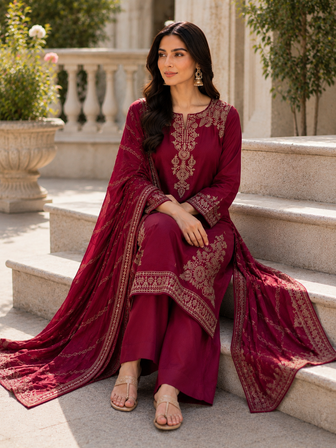 (6) Silky Viscose maroon Suit thread Embroidered fancy Dupatta ready to wear
