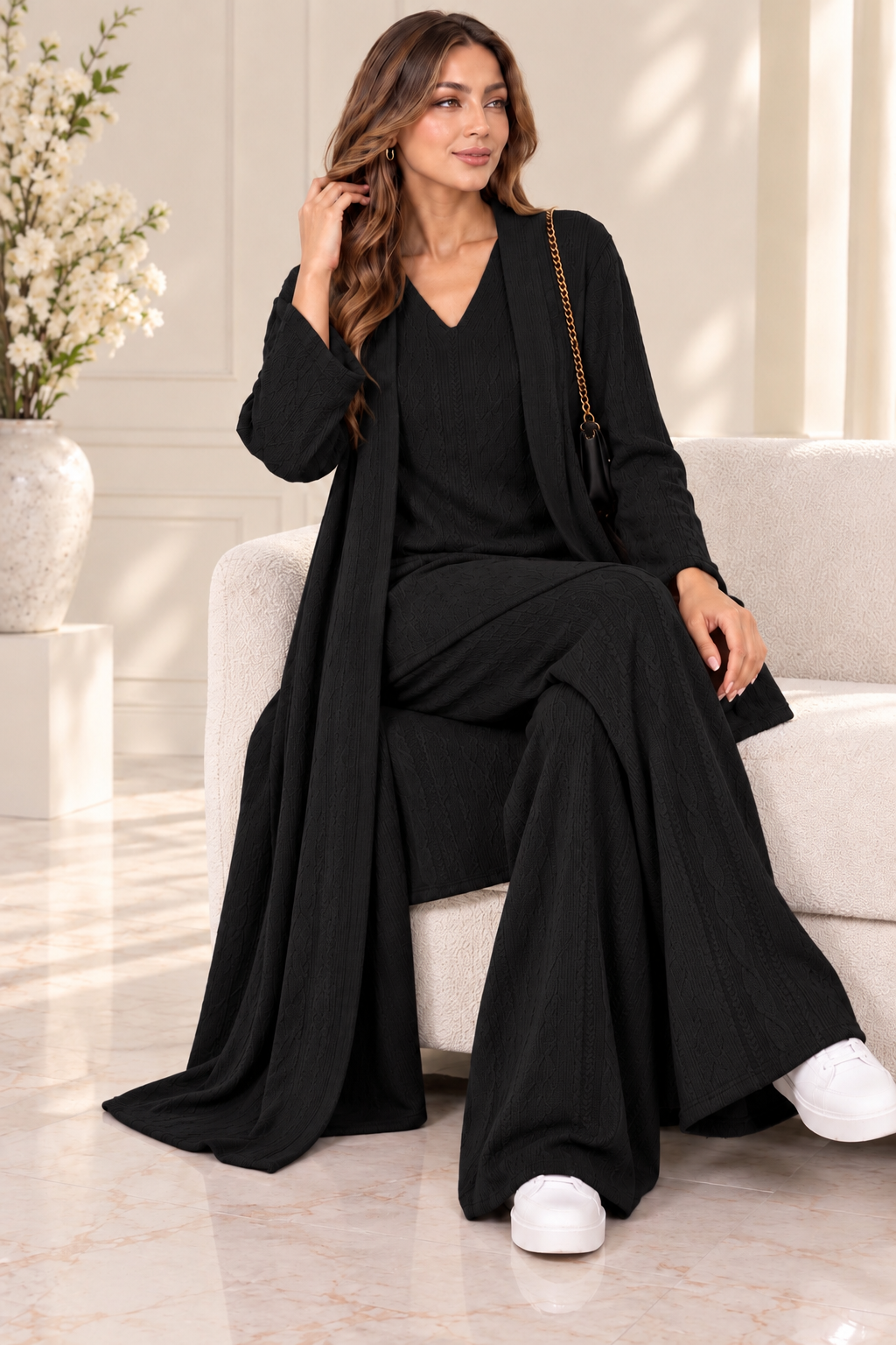 (375) Elegant 3-piece black one size textured knit co-ord set Featuring a flattering V-neck tunic, flowing wide-leg trousers and a matching longline open cardigan. stylish, comfortable effortlessly elegant outfit