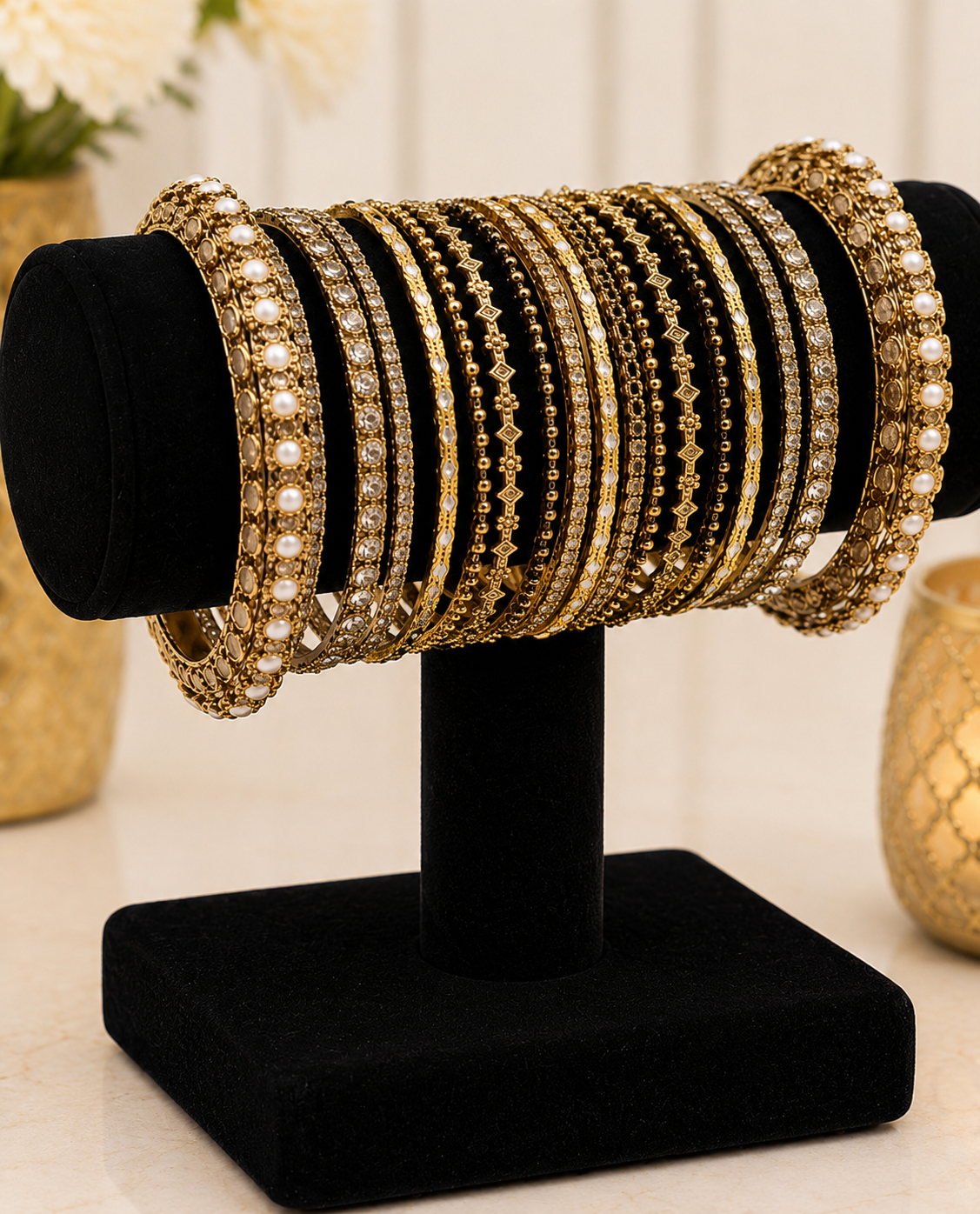 (B19) Elegant gold bangle set featuring intricate detailing, sparkling stonework and delicate pearl accents. A luxurious statement set, perfect for weddings, Eid, parties and special occasions size 2.8