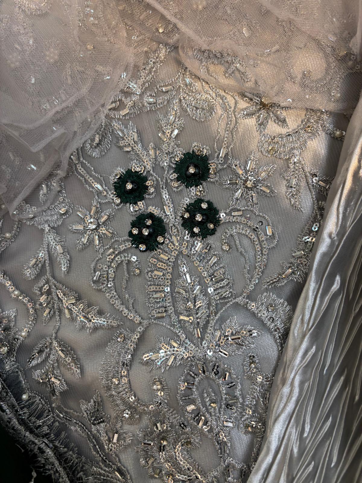 (32) Pakistani ready to dark green one size fits up to size large satin crinkle plazzo trousers diamanté sequin shirt