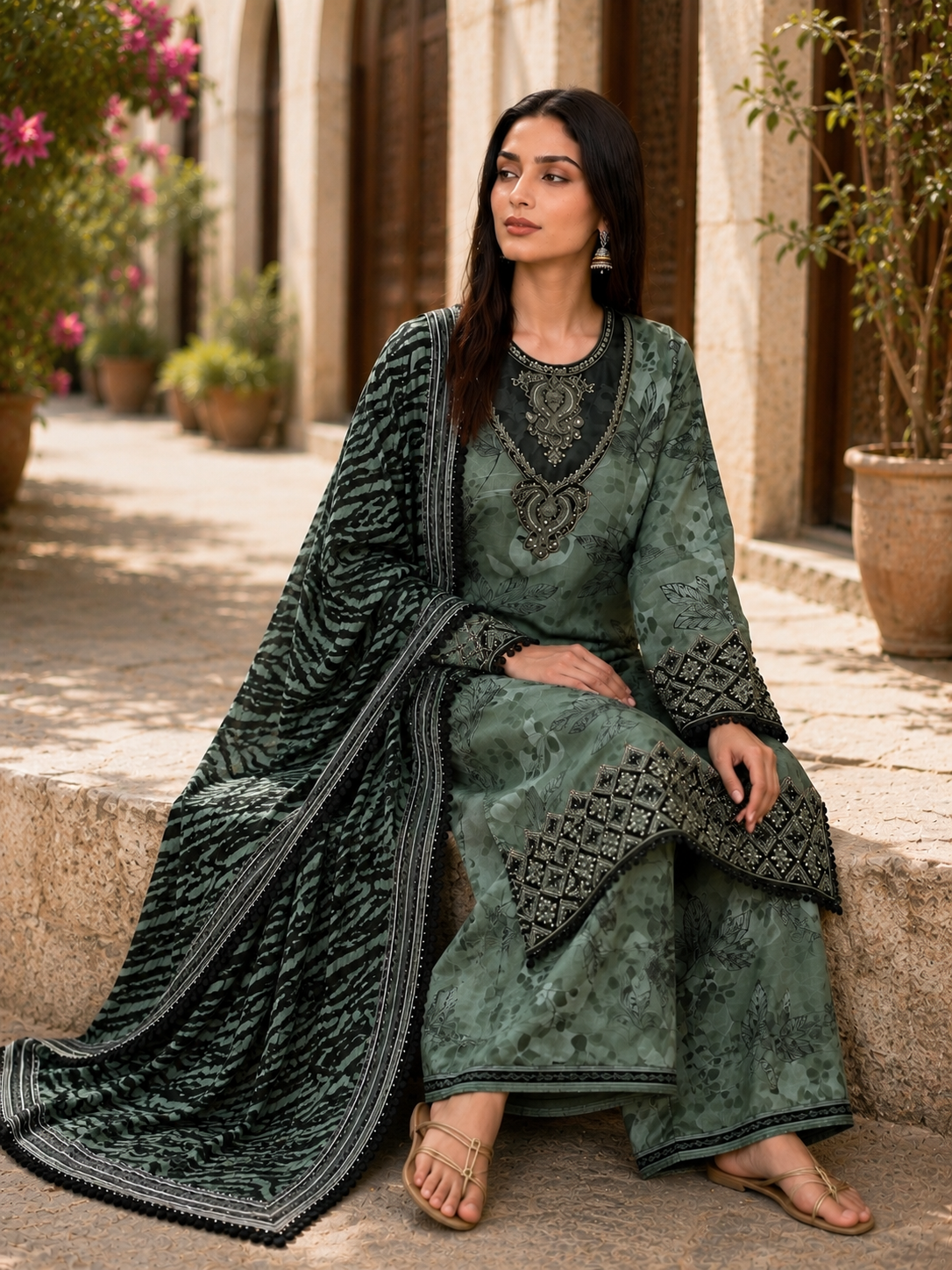 Elegant Lawn lace sequin printed embroidered three peice suit ready to wear