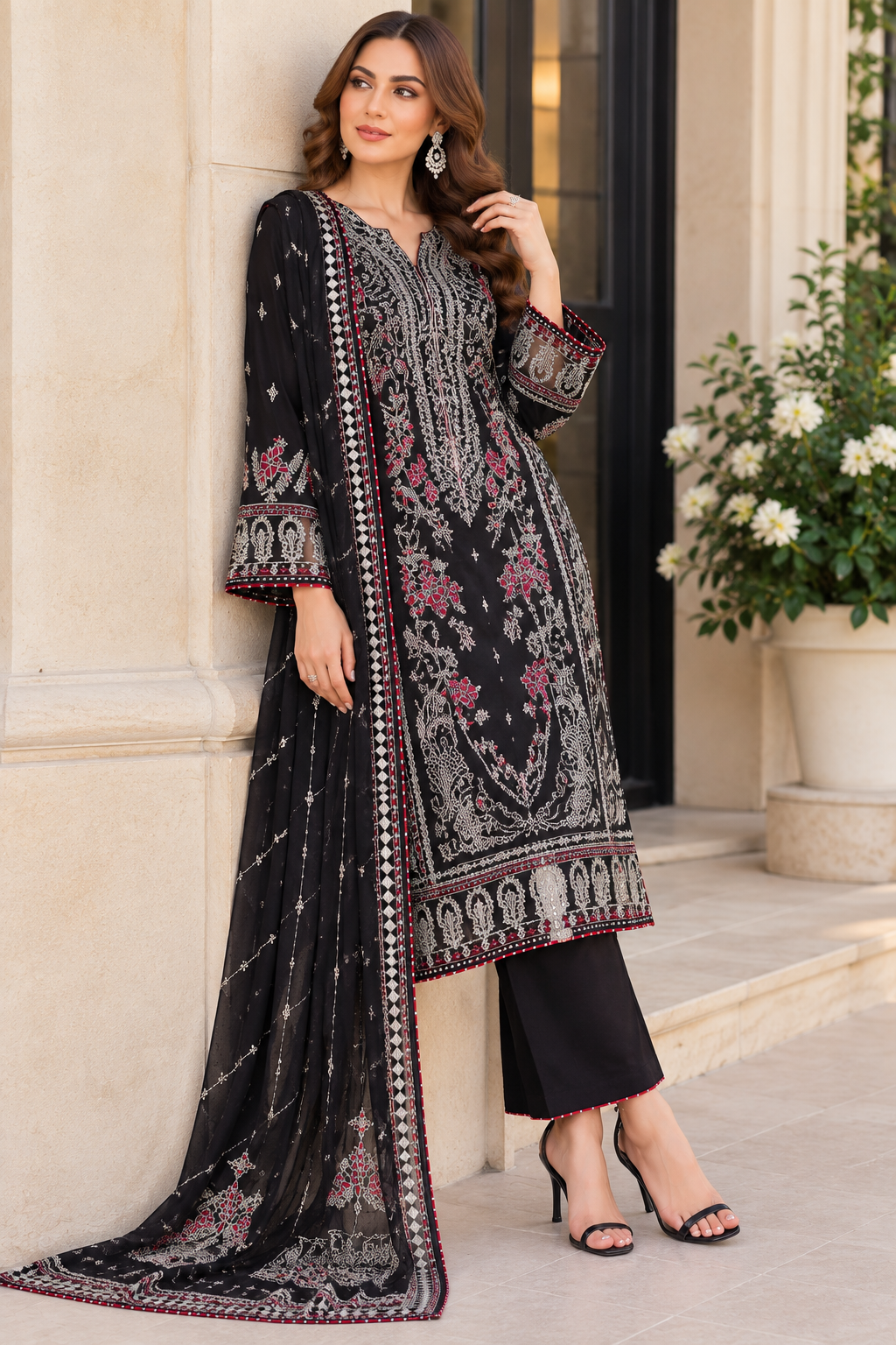 (371) Ramsha Black Raw Silk Suit delicate silver embroidered chiffon duppatta ready to wear