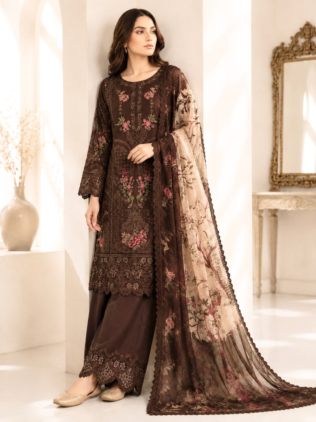 (31) Imrozia/serene noor e zahra cotton embroidered sequin floral lace embroidered plazzo trousers contrast silk dupatta ready to wear