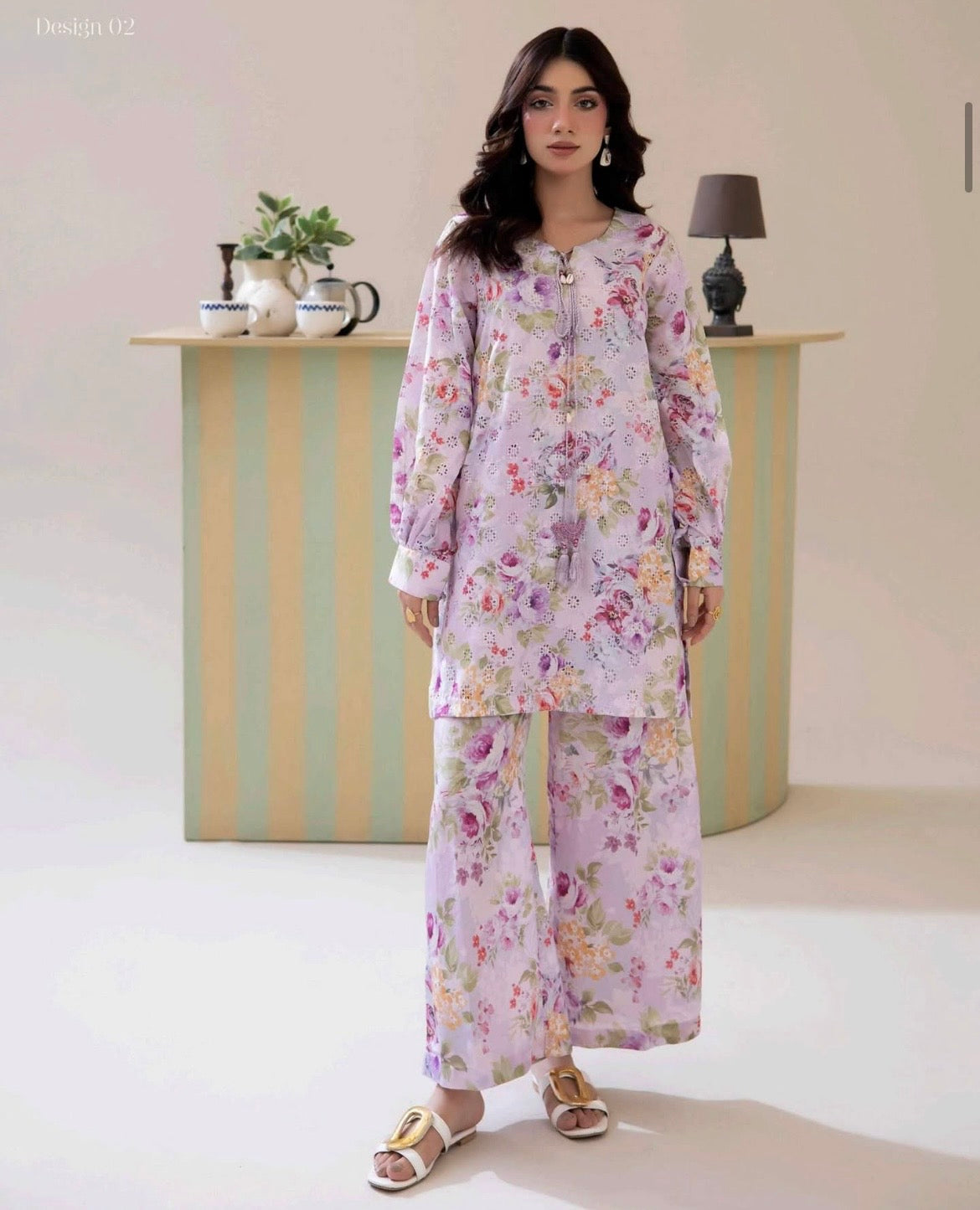 (34) Adan’s schiffli floral chickankari printed voil lawn shirt lawn trousers co ord set