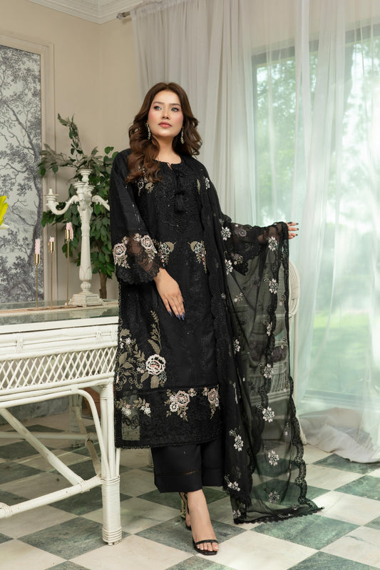 (150) Munira Premium Lawn Palazzo Suit | Floral Lace & Chiffon Dupatta