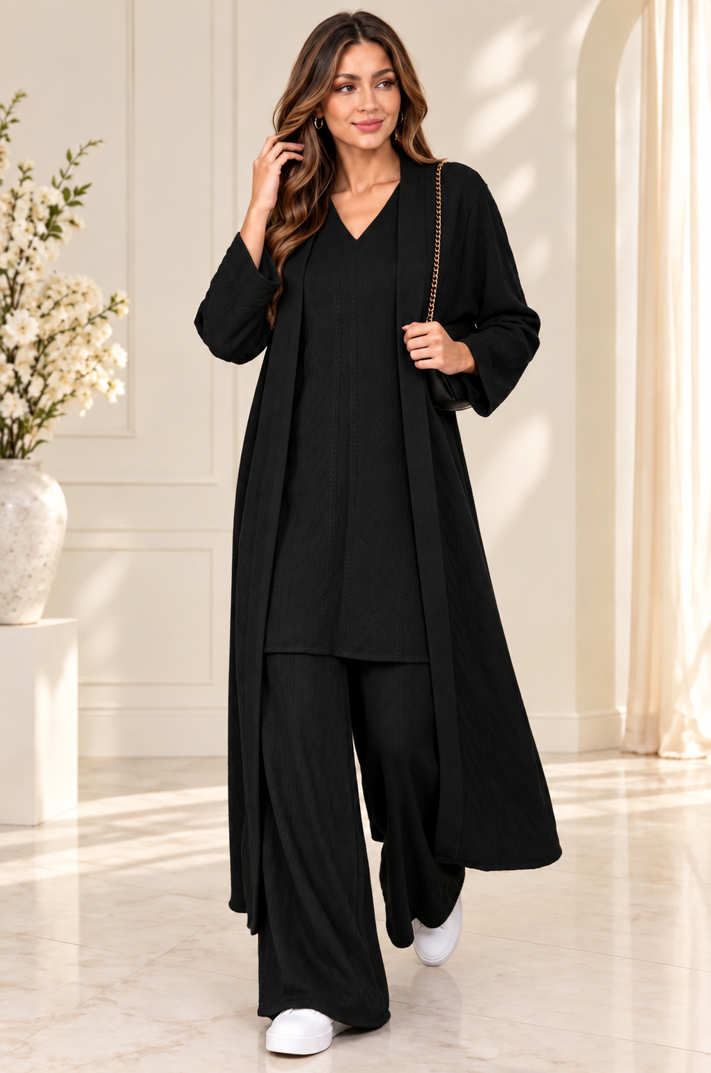 (375) Elegant 3-piece black one size textured knit co-ord set Featuring a flattering V-neck tunic, flowing wide-leg trousers and a matching longline open cardigan. stylish, comfortable effortlessly elegant outfit