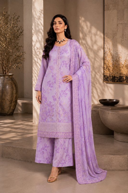 (217) Elegant Floral Printed Lawn Suit | Gold Thread & Sequin Embroidery