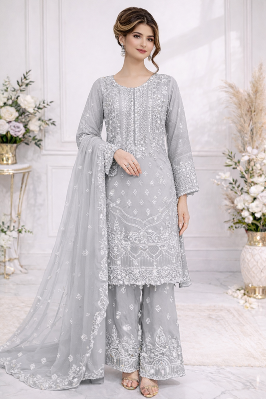 (65) Ramsha Chiffon grey Embellished Palazzo Set – Elegant Luxe Look