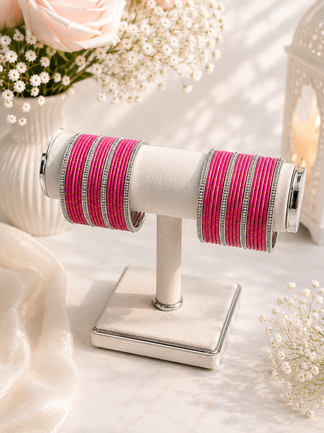 (B2) Elegant hot pink bangle set with sparkling silver detailing and delicate gold accents size 2.6
