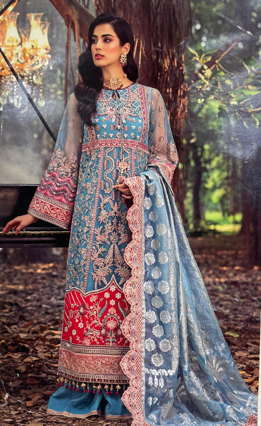 (135) Stunning Pakistani Embroidered Organza Heavy Suit in teal